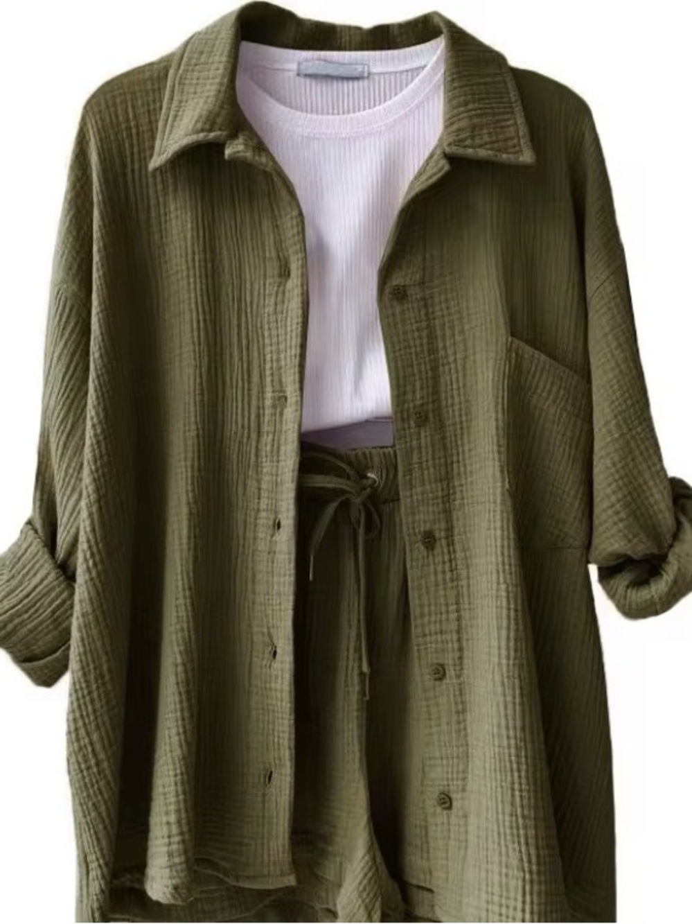 Olive Green Linen Button-Down Shirt and Shorts Set NWTs Size L
